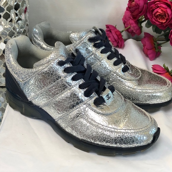 Chanel Shoes Silver Crackled Metallic Low Top Sneakers Poshmark